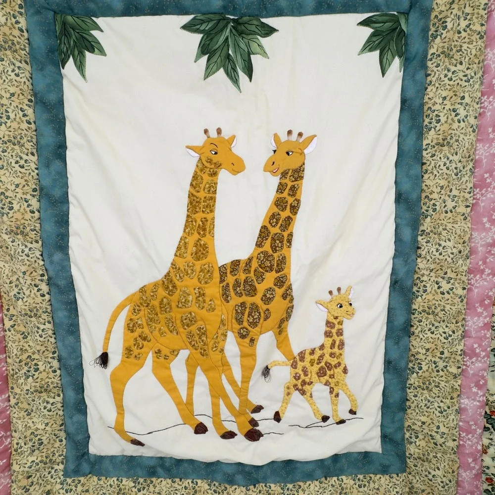 Handmade Giraffe Family Quilted Baby Blanket Floral Border Nursery 53x44 Toddler